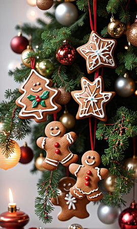 Photo Of Christmas Gingerbread Cookies Hanging From A Tree Adorned With Mistletoe And Lantern. Generative AIの素材
