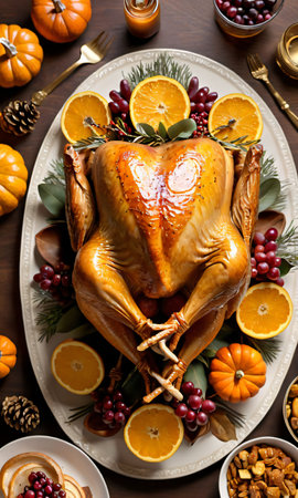 Thanksgiving Golden Roasted Turkey On A Platte. Generative AIの素材