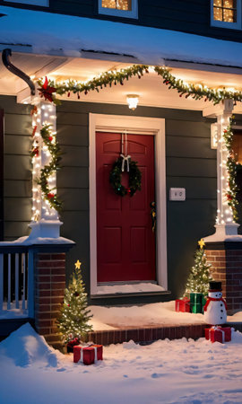 Christmas Lights And Garlands Twinkling On A Snowy Porch, At Night. Generative AIの素材