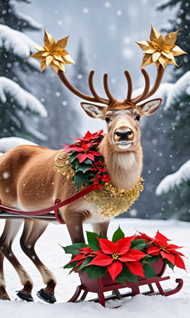 Photo Of Christmas Reindeer Pulling A Sleigh Filled With Poinsettia Plants And Golden Star. Generative AIの素材