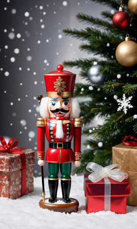 Photo Of Christmas Nutcracker Standing Next To A Snow Globe And A Pile Of Gift. Generative AIの素材