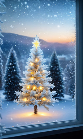 A Frosted Window With A View Of A Glowing Christmas Tree And Snowfal. Generative AIの素材