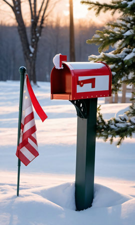 A Christmas Mailbox And Flag In The Snow, Under The Soft Evening Light. Generative AIの素材