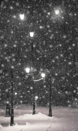 Christmas Sheet Music And Bells In The Snow, Under Street Lights. Generative AIの素材