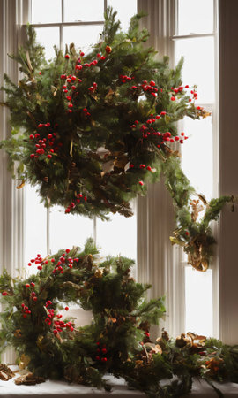 A Christmas Feast Beside A Window Adorned With A Wreath, In The Evening Light. Generative AIの素材