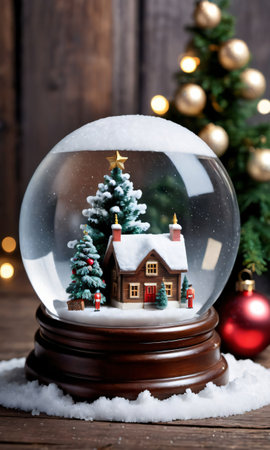 Photo Of Christmas Snow Globe With A Christmas Tree, Snowy Village, And Nutcracker Inside Placed On An Old Wooden Tabl. Generative AIの素材