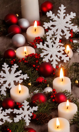 A Christmas Snowflake And Candles Glistening In The Morning Sun. Generative AIの素材