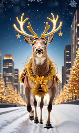 Photo Of Christmas Reindeer Pulling A Sleigh Filled With Golden Stars And Tinsel Over A City Skylin. Generative AIの素材