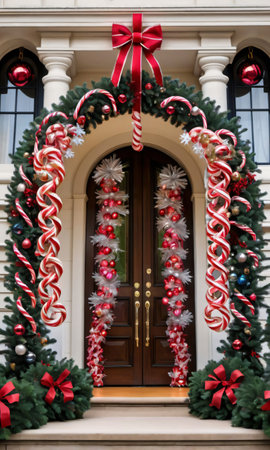 Photo Of Christmas Wreath Made Of Candy Canes, Tinsel, And Baubles Hanging On The Entrance Of A Grand Mansio. Generative AIの素材