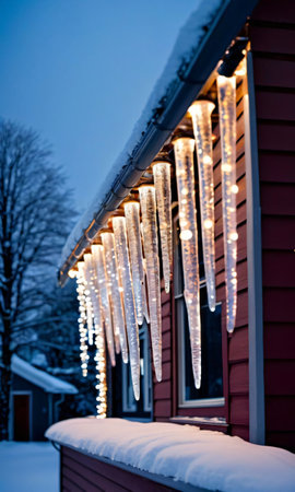 Christmas Icicles And Lights Hanging From A Snowy Roof, In The Evening Light. Generative AIの素材
