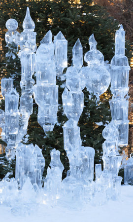 Christmas Ice Sculptures And Lights Glistening In The Midday Sun. Generative AIの素材