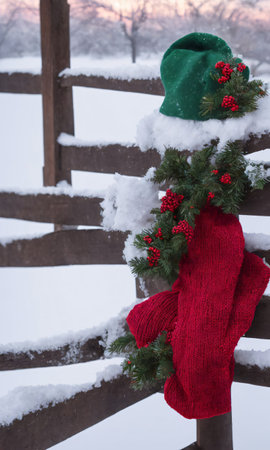 A Christmas Scarf And Hat On A Snowy Fence, At Dawn. Generative AIの素材