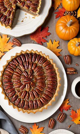 Thanksgiving Sliced Pecan Thanksgiving Pie On A Plat. Generative AIの素材