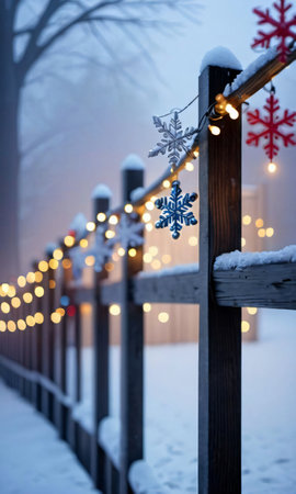 Snowflakes And Christmas Lights On A Fence In A Foggy Evenin. Generative AIの素材