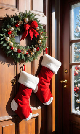 Christmas Stockings And A Wreath On A Door In The Gleaming Sunligh. Generative AIの素材