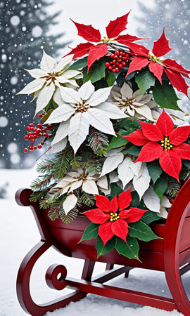 Photo Of Christmas Snowflakes Falling On A Sleigh Filled With Gifts And Poinsettia Plant. Generative AIの素材