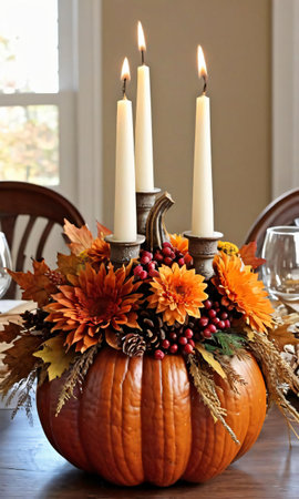 Thanksgiving Rustic Pumpkin Centerthanksgiving Piece With Candle. Generative AIの素材
