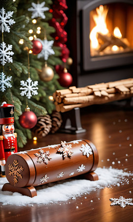 Photo Of Christmas Snowflakes Falling On A Nutcracker Beside A Yule Log With A Backdrop Of A Cozy Cottage Interio. Generative AIの素材