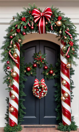 Photo Of Christmas Candy Cane Arch With Hanging Mistletoe And Ornament. Generative AIの素材