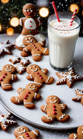 Gingerbread Cookies And Milk On A Table In A Snowstor. Generative AIの素材