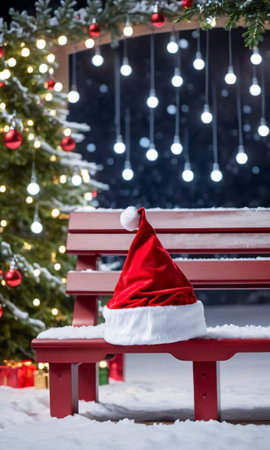 SantaÃ¢ÂÂS Hat And A Snowy Bench With Twinkling Lights In The Backgroun. Generative AIの素材