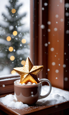 Photo Of Christmas Golden Star Reflecting In A Mug Of Hot Cocoa Beside A Snowy Windo. Generative AIの素材