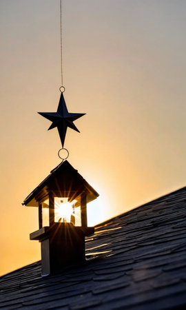 A Christmas Ornament And Star On A Roof, Its Shape Silhouetted Against The Rising Sun. Generative AIの素材