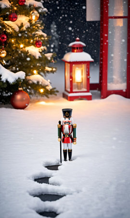 Photo Of Christmas Snowy Footprints Leading To A Nutcracker Beside A Lanter. Generative AIの素材