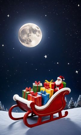 SantaÃ¢ÂÂS Sleigh And A Bag Of Toys Under The Moonlit Sk. Generative AIの素材