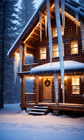 Icicles And Christmas Lights Adorning A Cabin In A Blizzar. Generative AIの素材