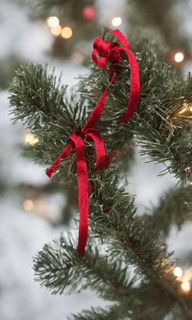 A Christmas Ornament And Ribbon On A Snowy Tree Branch, Under Starlight. Generative AIの素材