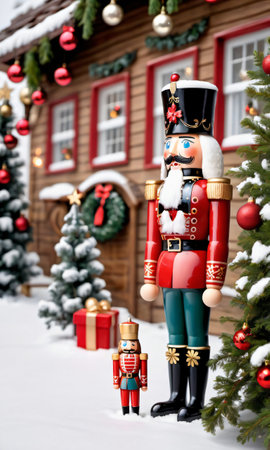 Photo Of Christmas Snowy Village With A Nutcracker Statue And Mistletoe Decoration. Generative AIの素材