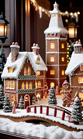 Photo Of Christmas Gingerbread Village Display With A Snowy Bridge And Lantern. Generative AIの素材