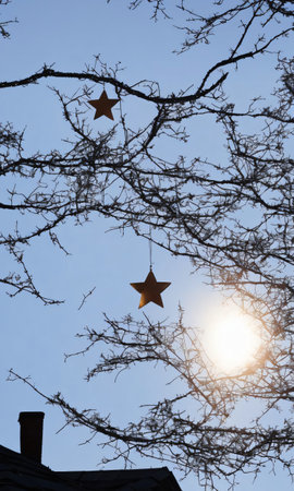 A Christmas Ornament And Star On A Roof, Its Shape Silhouetted Against The Rising Sun. Generative AIの素材