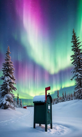 A Snowy Scene With A Mailbox And Gifts Under The Northern Light. Generative AIの素材