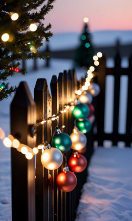 Christmas Decorations And Lights On A Fence, Their Colors Muted In The Soft Light Of Dusk. Generative AIの素材