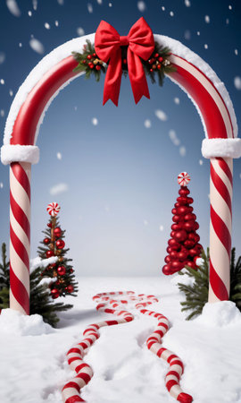Photo Of Christmas Snowy Footprints Leading To A Candy Cane Arch With Hanging Stocking. Generative AIの素材