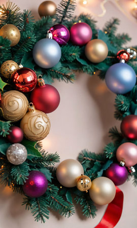 A Christmas Ribbon And Baubles On A Wreath, Its Color Popping In The Soft Light Of Dawn. Generative AIの素材