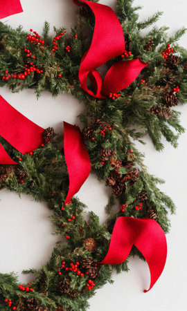 A Christmas Ribbon And Baubles On A Wreath, Its Color Popping In The Soft Light Of Dawn. Generative AIの素材