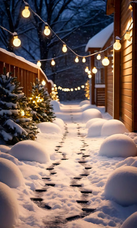 Christmas Snow And Lights On A Path, The Footprints Highlighted By Warm Indoor Lights. Generative AIの素材