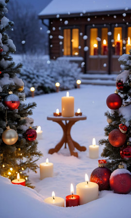 Christmas Ornaments And Candles In A Snow-Covered Garden At Dus. Generative AIの素材
