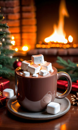 A Mug Of Christmas Hot Chocolate Topped With Marshmallows, Set Against A Fireplace, Under The Warm Glow Of Firelight. Generative AIの素材