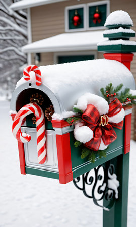 Photo Of Christmas Snow-Covered Mailbox Filled With Candy Canes And Glass Ornament. Generative AIの素材