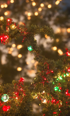 Christmas Decorations And Lights On A Fence, Their Colors Muted In The Soft Light Of Dusk. Generative AIの素材