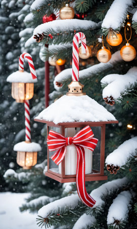 Photo Of Christmas Snow-Covered Pine Tree With Candy Canes And Lantern. Generative AIの素材