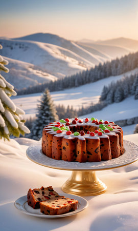 A Christmas Fruitcake On A Platter, With A Backdrop Of A Snowy Landscape, Captured In The Golden Hour. Generative AIの素材