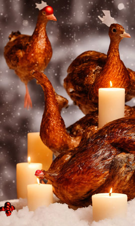 A Christmas Turkey On A Festive Table, With A Snowy Window Background, Illuminated By Candlelight. Generative AIの素材