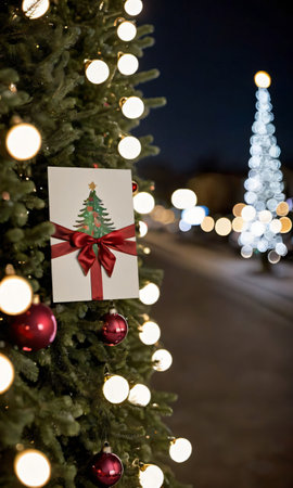A Christmas Card And Ribbon On A Tree, The Image On The Front Illuminated By Street Lights. Generative AIの素材