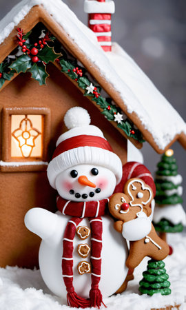 Photo Of Christmas Snowman Wearing A Wreath Necklace Holding A Lantern Beside A Gingerbread Hous. Generative AIの素材