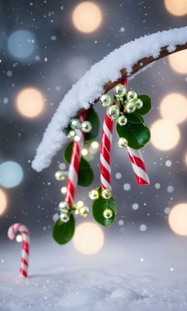 Mistletoe And Candy Canes In A Blizzard Lit By Fairy Light. Generative AIの素材